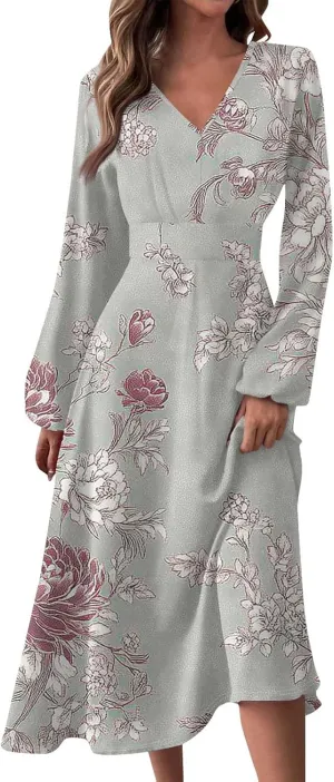 Womens Spring Fashion 2025 Dress V Neck Long Sleeve Midi Summer Cute Boho Vacation Loose Fitted Dress