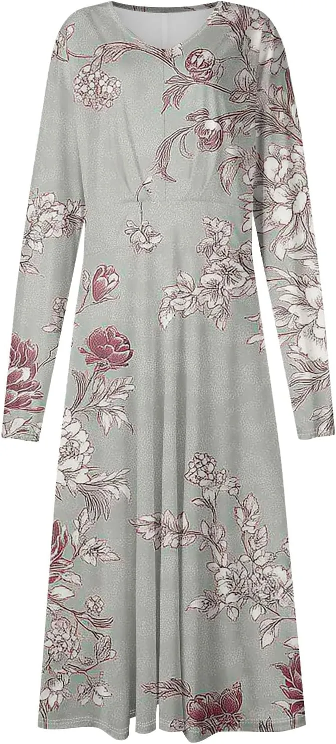 Womens Spring Fashion 2025 Dress V Neck Long Sleeve Midi Summer Cute Boho Vacation Loose Fitted Dress