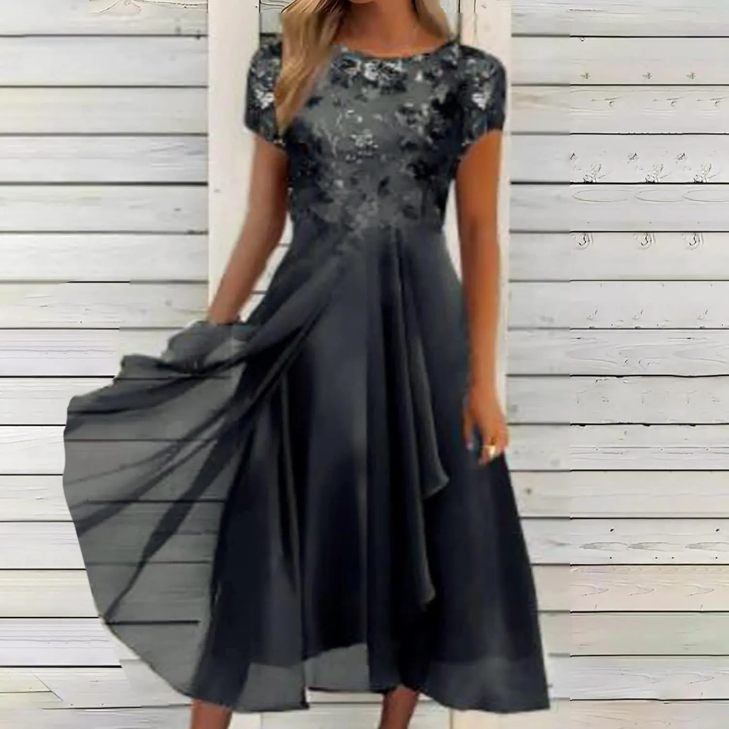 Women's Spring Summer Casual Floral Printed Dresses 2024 Loose Swing V-Neck Short Sleeve Maxi Dress, S-3XL