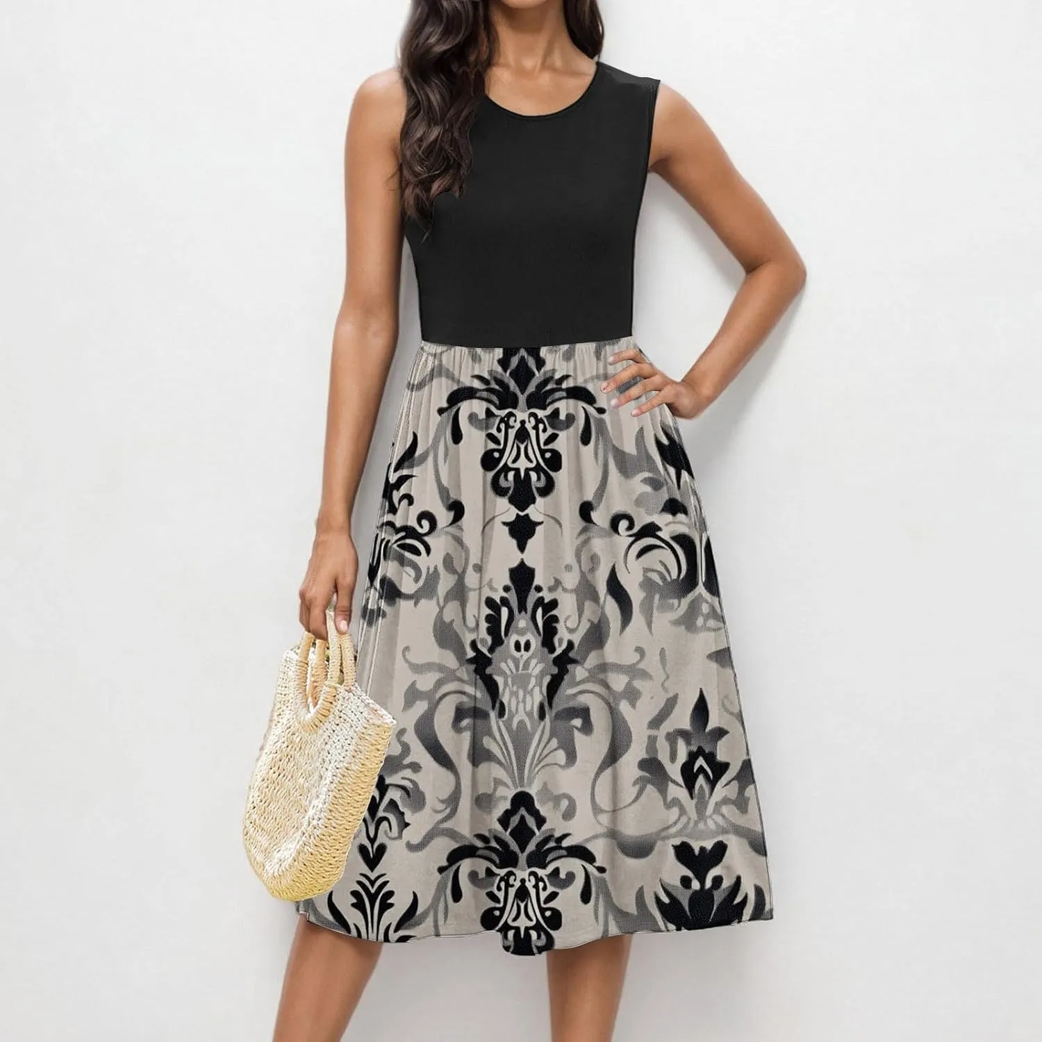 Womens Spring Summer Dresses Floral Print Crewneck Maxi Dress Sleeveless Beach Sundress Loose Casual Dress