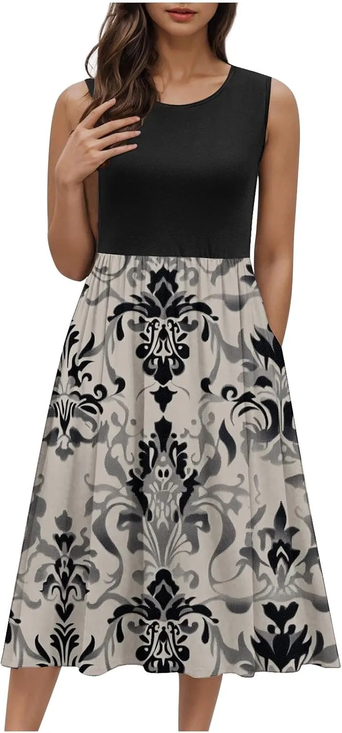 Womens Spring Summer Dresses Floral Print Crewneck Maxi Dress Sleeveless Beach Sundress Loose Casual Dress