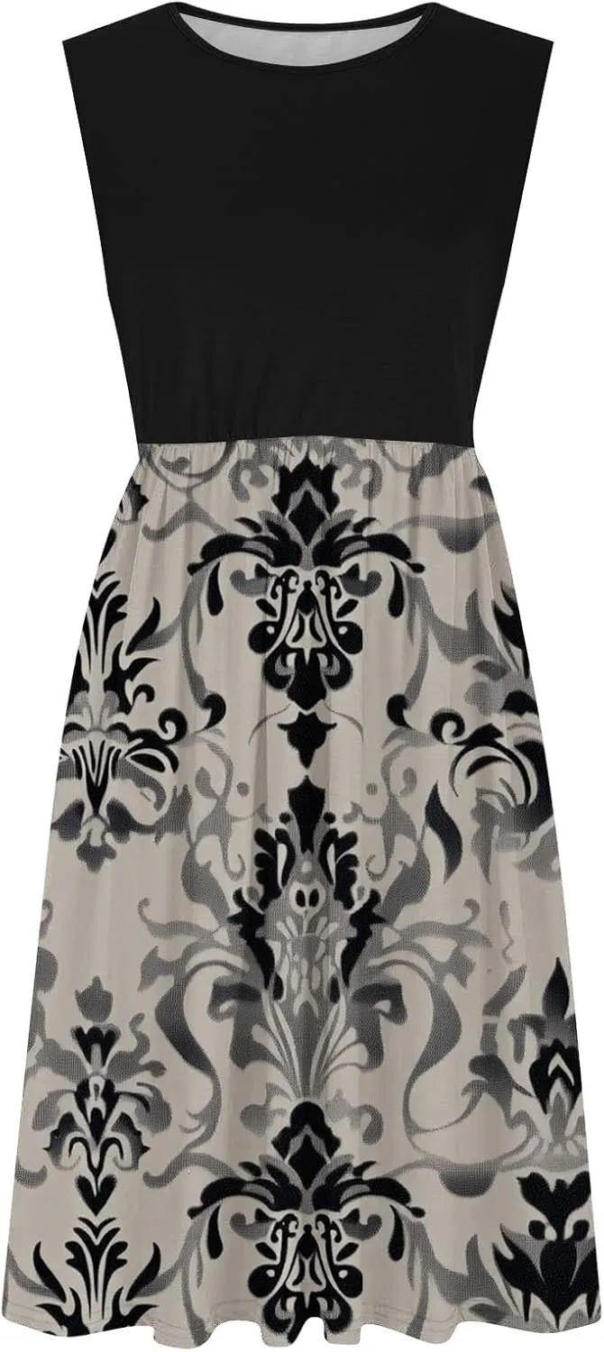 Womens Spring Summer Dresses Floral Print Crewneck Maxi Dress Sleeveless Beach Sundress Loose Casual Dress