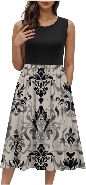 Womens Spring Summer Dresses Floral Print Crewneck Maxi Dress Sleeveless Beach Sundress Loose Casual Dress