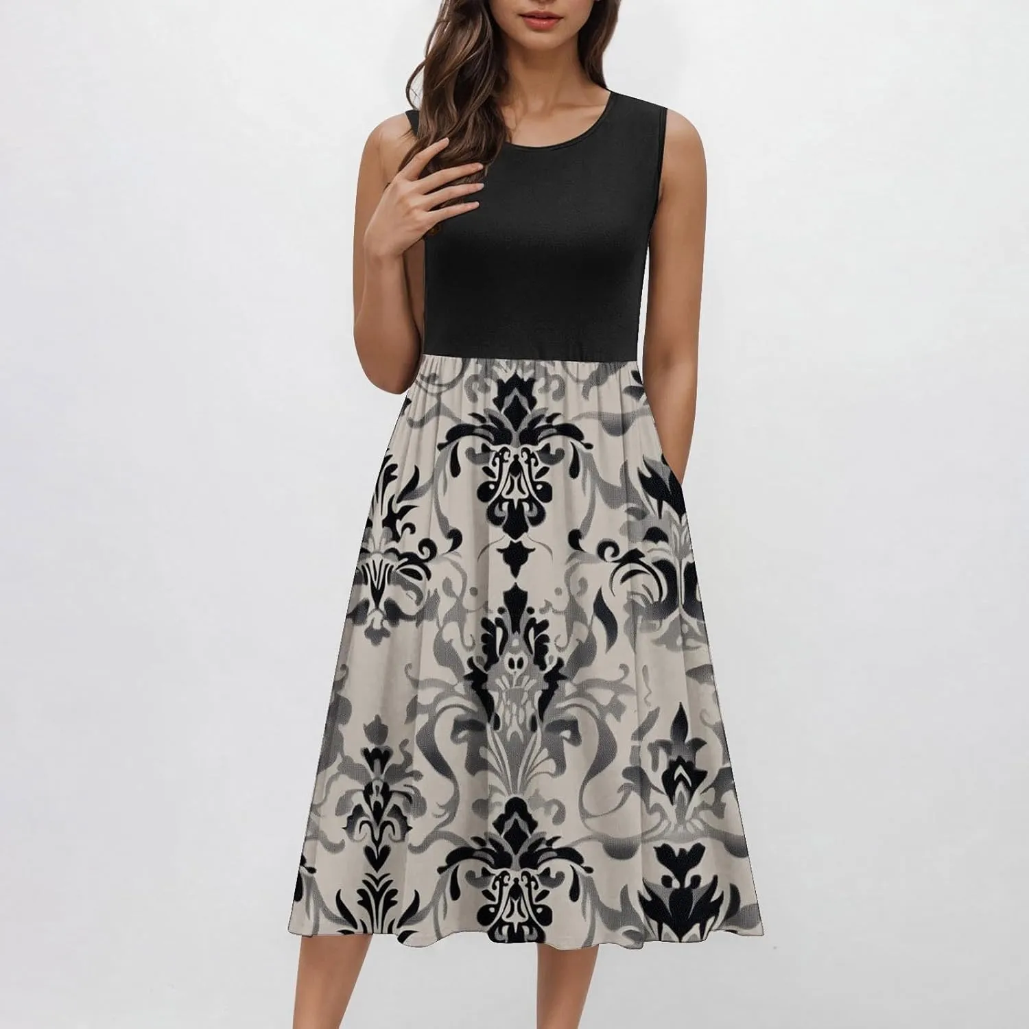Womens Spring Summer Dresses Floral Print Crewneck Maxi Dress Sleeveless Beach Sundress Loose Casual Dress