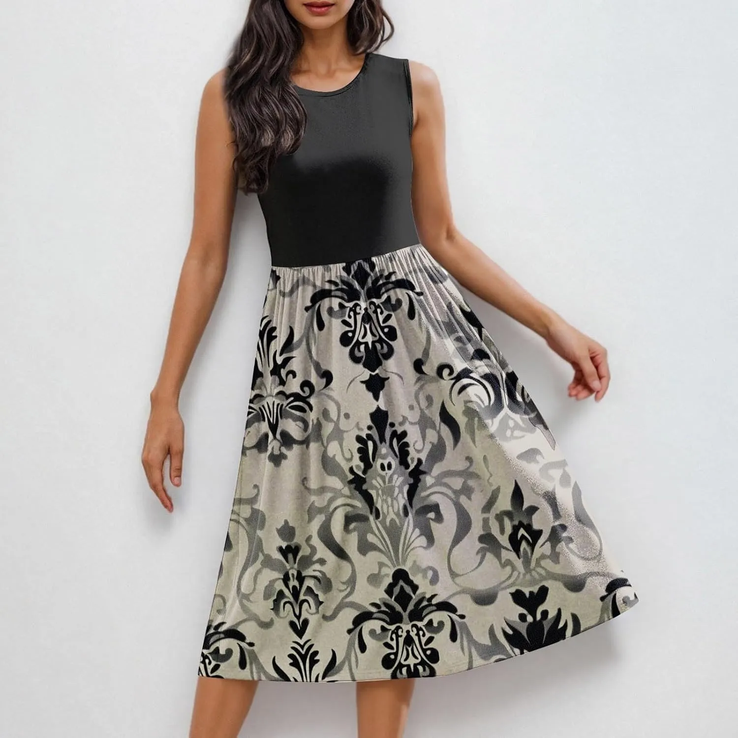 Womens Spring Summer Dresses Floral Print Crewneck Maxi Dress Sleeveless Beach Sundress Loose Casual Dress