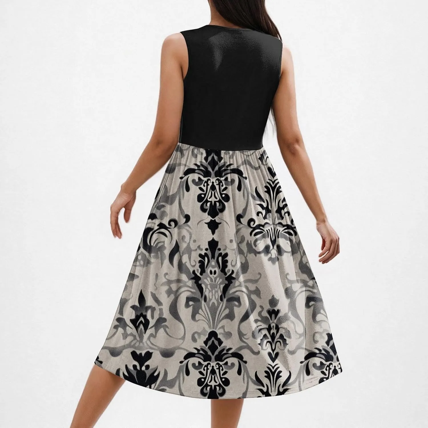 Womens Spring Summer Dresses Floral Print Crewneck Maxi Dress Sleeveless Beach Sundress Loose Casual Dress