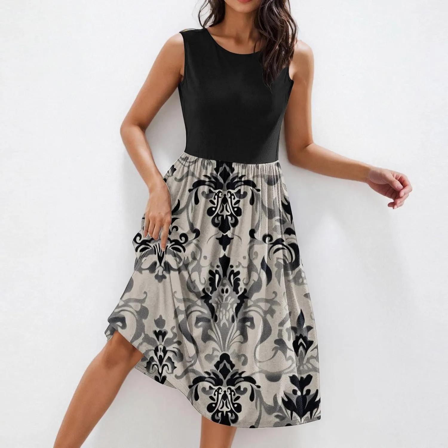 Womens Spring Summer Dresses Floral Print Crewneck Maxi Dress Sleeveless Beach Sundress Loose Casual Dress