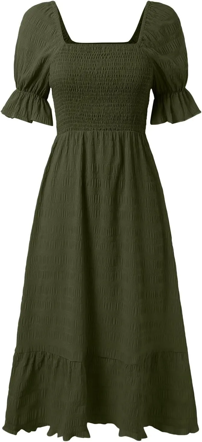 Womens Square Neck Ruffle Hem Maxi Dress Summer Puff Sleeve A Line Long Dress Ruffle Hem Casual Vacation Dresses