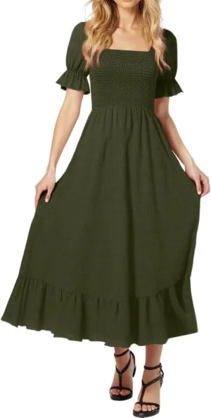 Womens Square Neck Ruffle Hem Maxi Dress Summer Puff Sleeve A Line Long Dress Ruffle Hem Casual Vacation Dresses