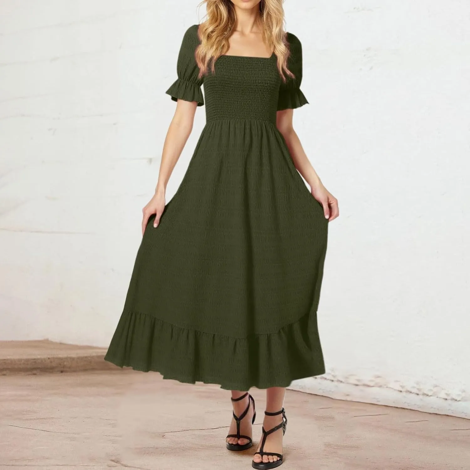 Womens Square Neck Ruffle Hem Maxi Dress Summer Puff Sleeve A Line Long Dress Ruffle Hem Casual Vacation Dresses