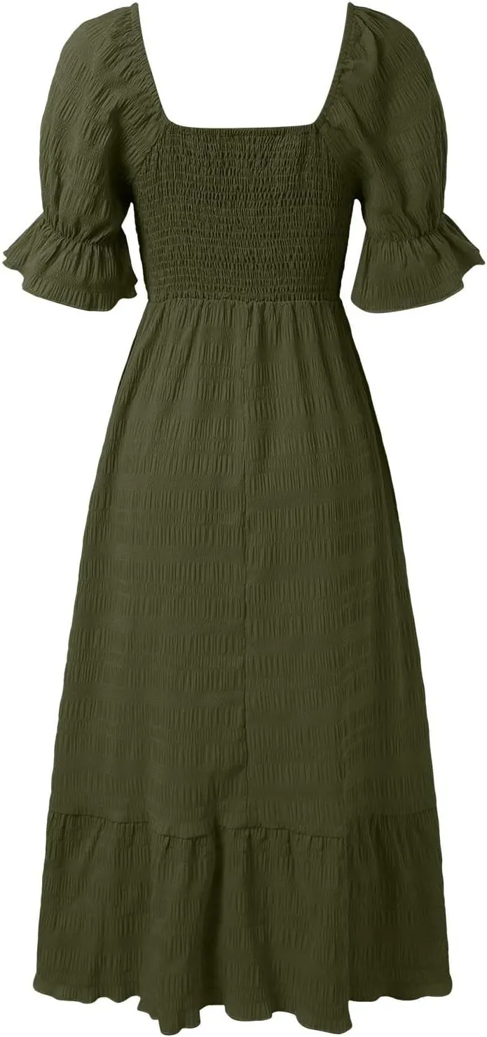 Womens Square Neck Ruffle Hem Maxi Dress Summer Puff Sleeve A Line Long Dress Ruffle Hem Casual Vacation Dresses