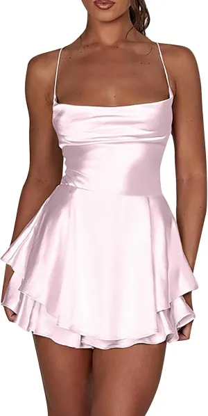 Women's Square Neck Ruffle Hem Mini Dress Ruched Waist Short Party Dresses Sleeveless Tiered A Line Short Dresses