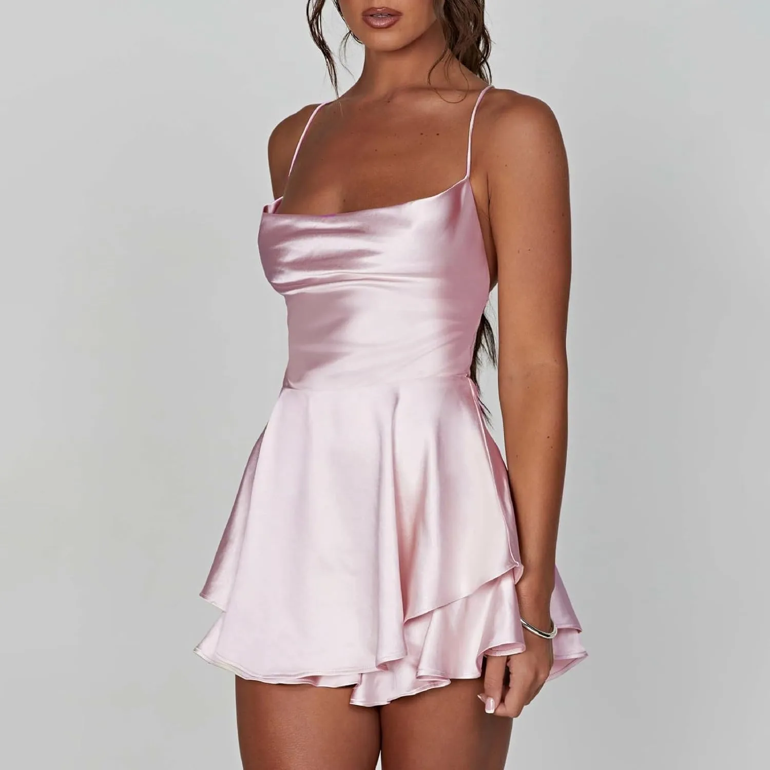 Women's Square Neck Ruffle Hem Mini Dress Ruched Waist Short Party Dresses Sleeveless Tiered A Line Short Dresses