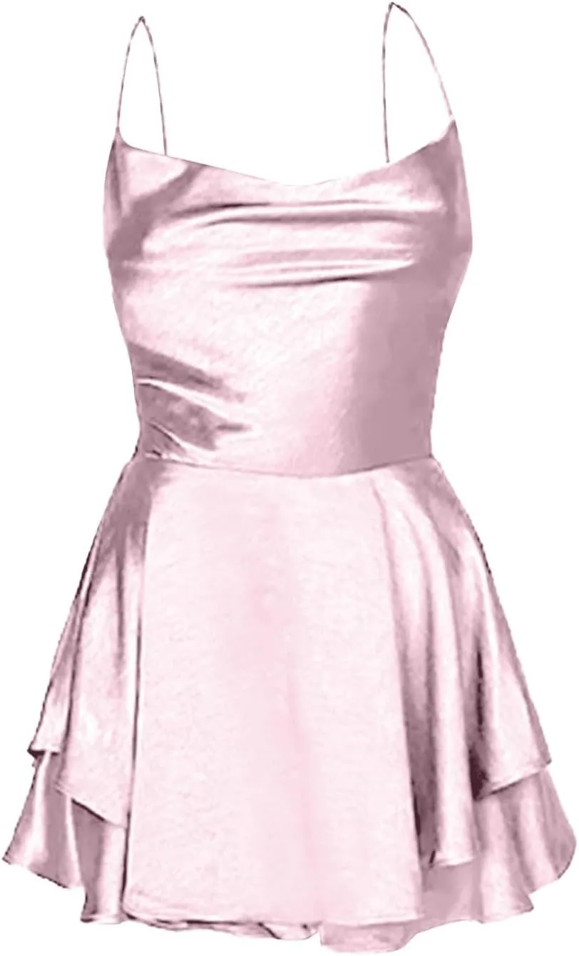 Women's Square Neck Ruffle Hem Mini Dress Ruched Waist Short Party Dresses Sleeveless Tiered A Line Short Dresses