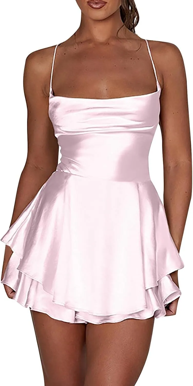 Women's Square Neck Ruffle Hem Mini Dress Ruched Waist Short Party Dresses Sleeveless Tiered A Line Short Dresses