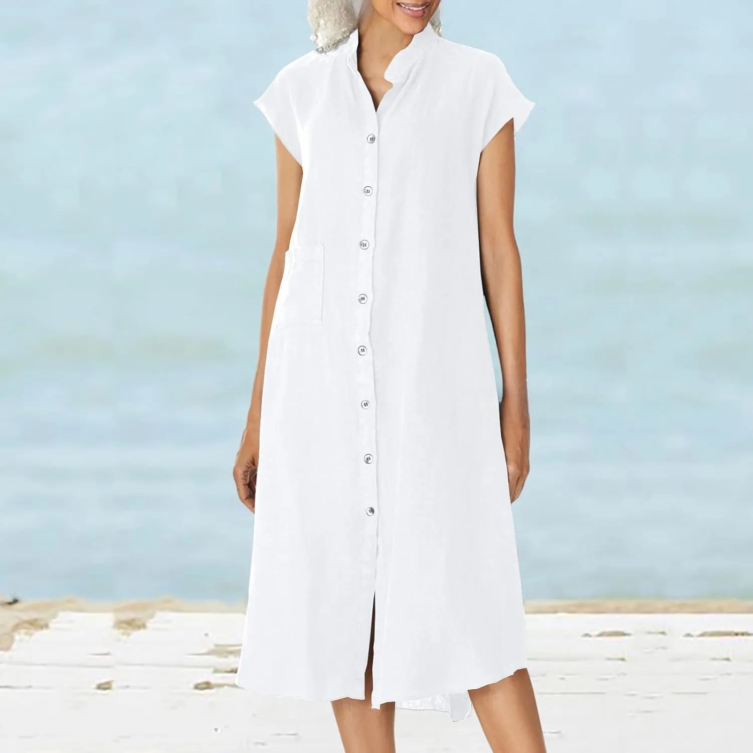 Womens Stand Collar Button Cotton and Linen Dress Summer Maxi Casual Long Dresses Short Sleeve Flowy Shirt Dress