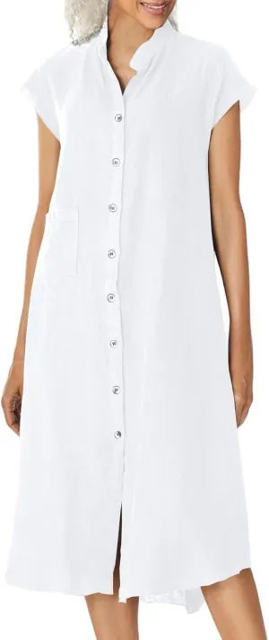 Womens Stand Collar Button Cotton and Linen Dress Summer Maxi Casual Long Dresses Short Sleeve Flowy Shirt Dress