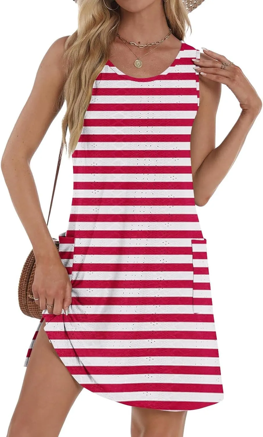 Womens Striped T-Shirt Dress with Pockets 2025 Summer Sleeveless Mini Dresses Eyelet Hollow Out Side Slit Sundress