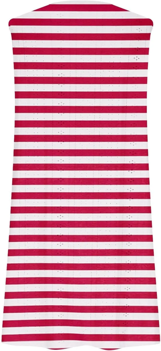Womens Striped T-Shirt Dress with Pockets 2025 Summer Sleeveless Mini Dresses Eyelet Hollow Out Side Slit Sundress