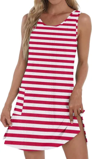 Womens Striped T-Shirt Dress with Pockets 2025 Summer Sleeveless Mini Dresses Eyelet Hollow Out Side Slit Sundress