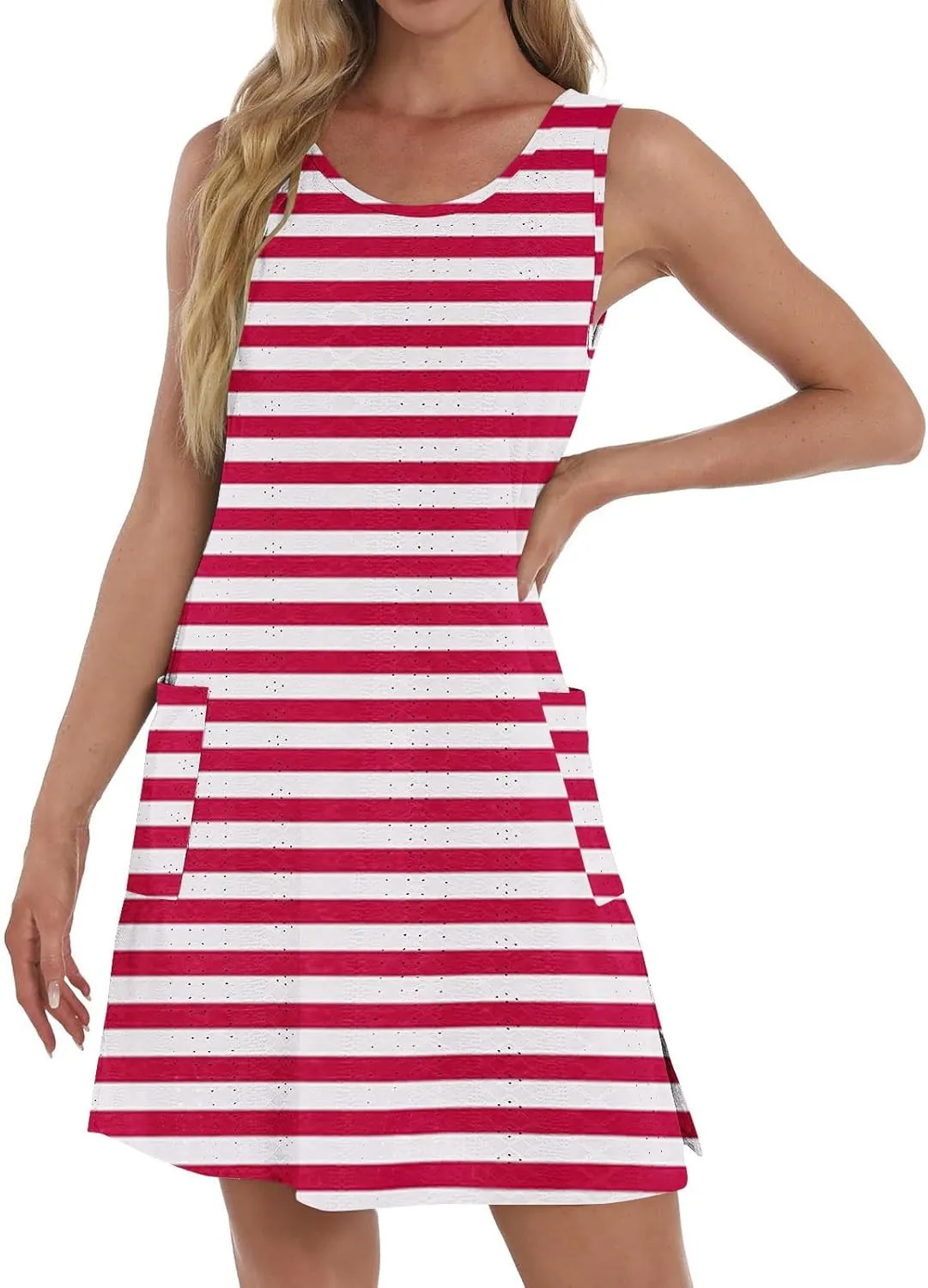 Womens Striped T-Shirt Dress with Pockets 2025 Summer Sleeveless Mini Dresses Eyelet Hollow Out Side Slit Sundress