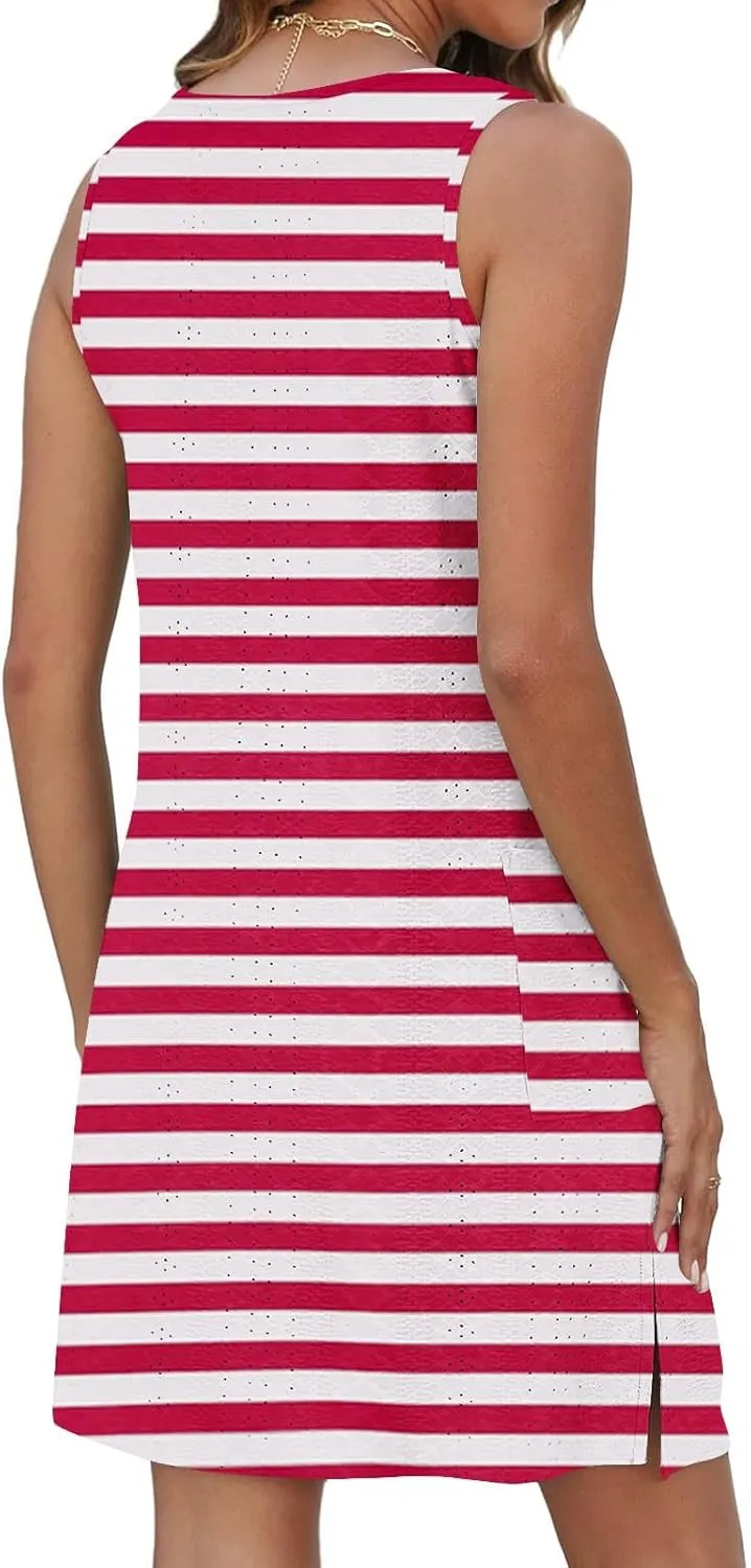Womens Striped T-Shirt Dress with Pockets 2025 Summer Sleeveless Mini Dresses Eyelet Hollow Out Side Slit Sundress