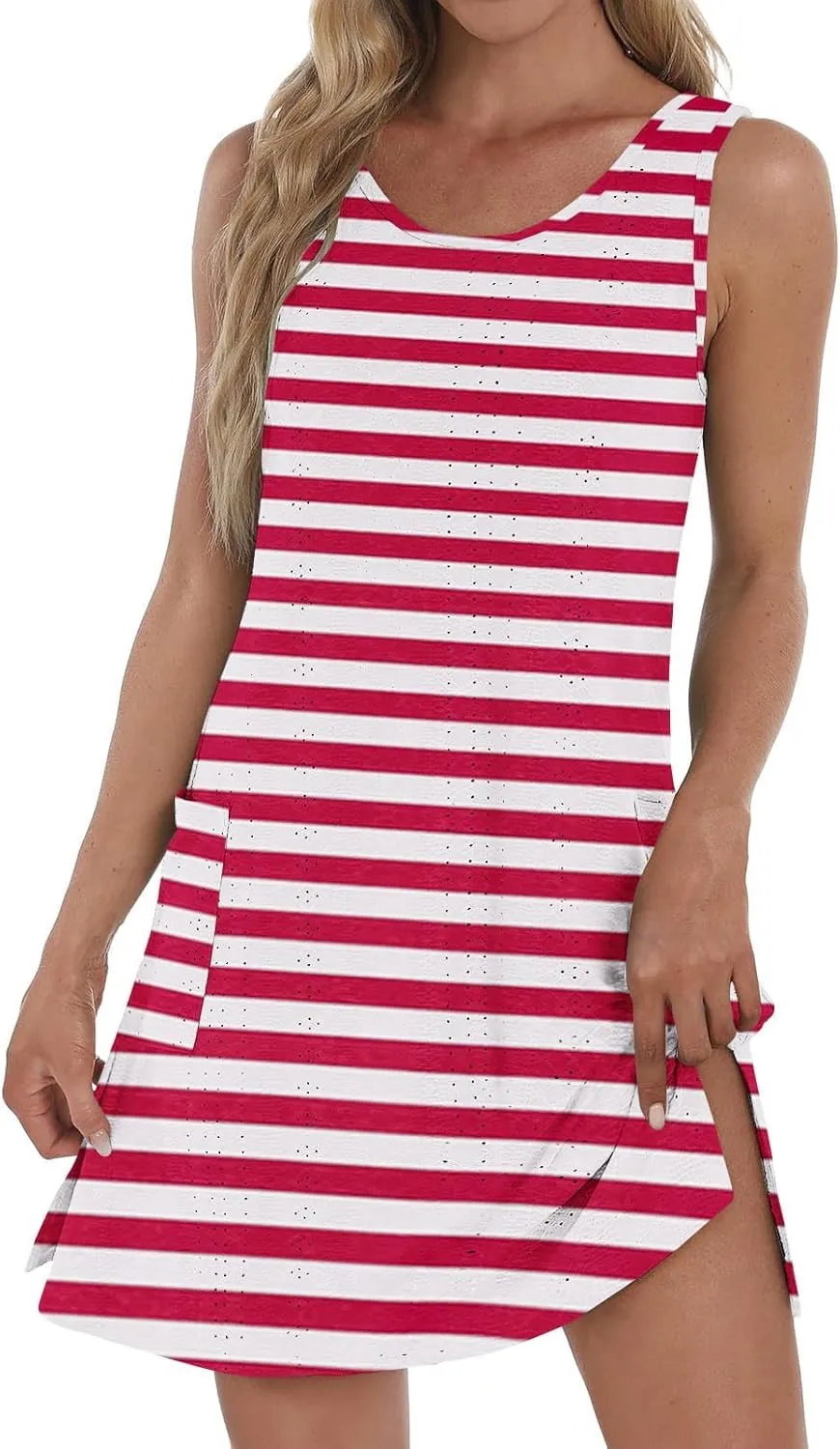 Womens Striped T-Shirt Dress with Pockets 2025 Summer Sleeveless Mini Dresses Eyelet Hollow Out Side Slit Sundress
