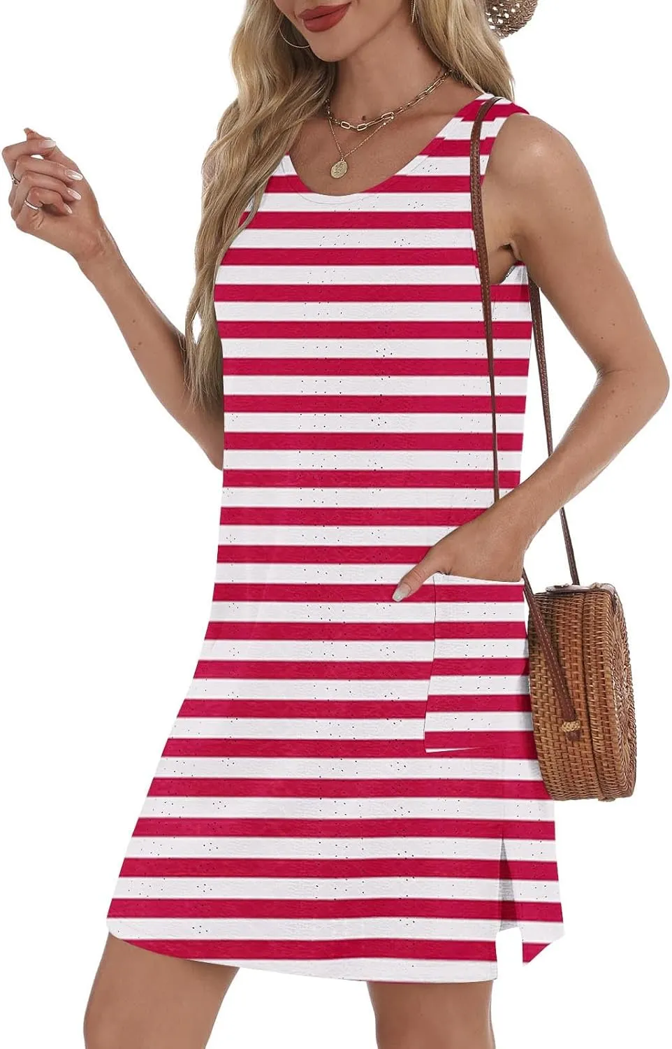 Womens Striped T-Shirt Dress with Pockets 2025 Summer Sleeveless Mini Dresses Eyelet Hollow Out Side Slit Sundress