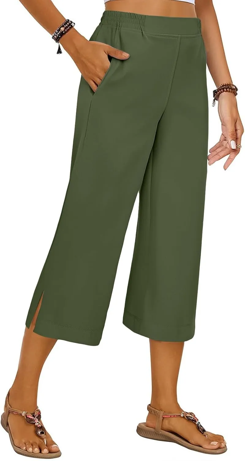 Women's Summer Capris Wide Leg 3/4 Dressy Palazzo Pants Loose Casual Ankle-Length Lounge Trousers with Split