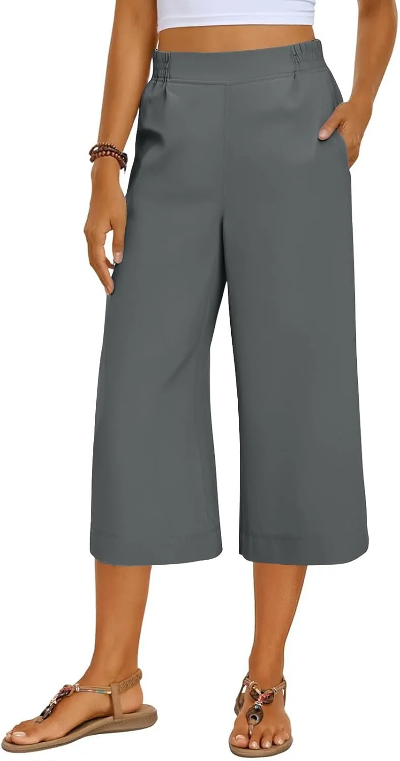 Women's Summer Capris Wide Leg 3/4 Dressy Palazzo Pants Loose Casual Ankle-Length Lounge Trousers with Split