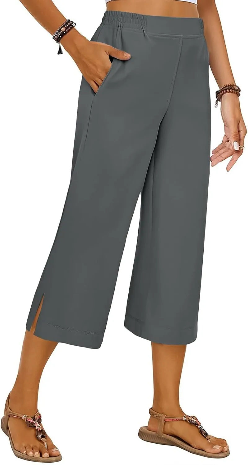 Women's Summer Capris Wide Leg 3/4 Dressy Palazzo Pants Loose Casual Ankle-Length Lounge Trousers with Split