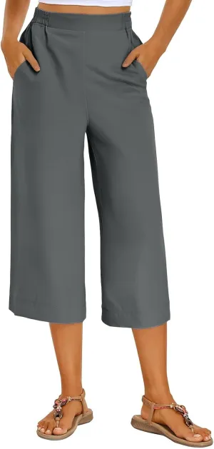 Women's Summer Capris Wide Leg 3/4 Dressy Palazzo Pants Loose Casual Ankle-Length Lounge Trousers with Split