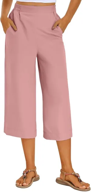 Women's Summer Capris Wide Leg 3/4 Dressy Palazzo Pants Loose Casual Ankle-Length Lounge Trousers with Split