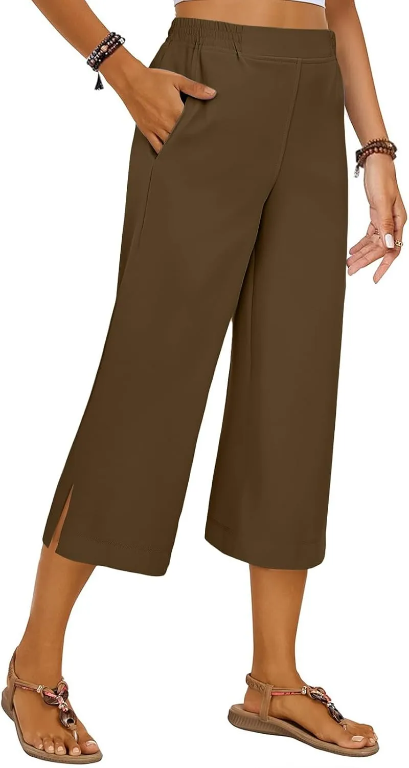 Women's Summer Capris Wide Leg 3/4 Dressy Palazzo Pants Loose Casual Ankle-Length Lounge Trousers with Split
