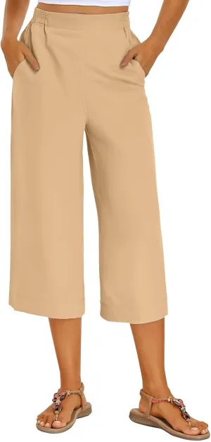 Women's Summer Capris Wide Leg 3/4 Dressy Palazzo Pants Loose Casual Ankle-Length Lounge Trousers with Split