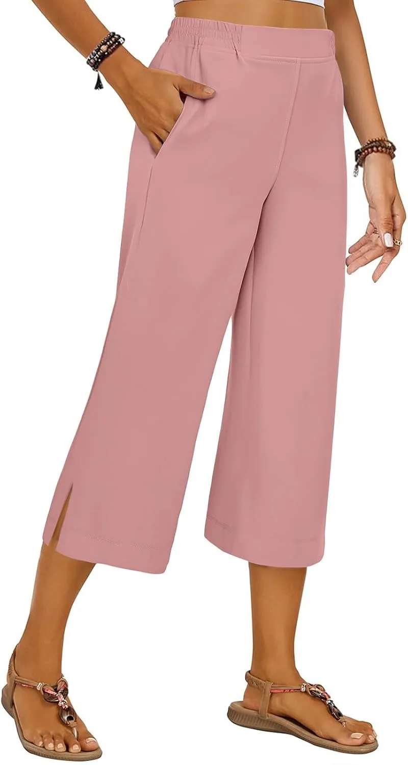 Women's Summer Capris Wide Leg 3/4 Dressy Palazzo Pants Loose Casual Ankle-Length Lounge Trousers with Split
