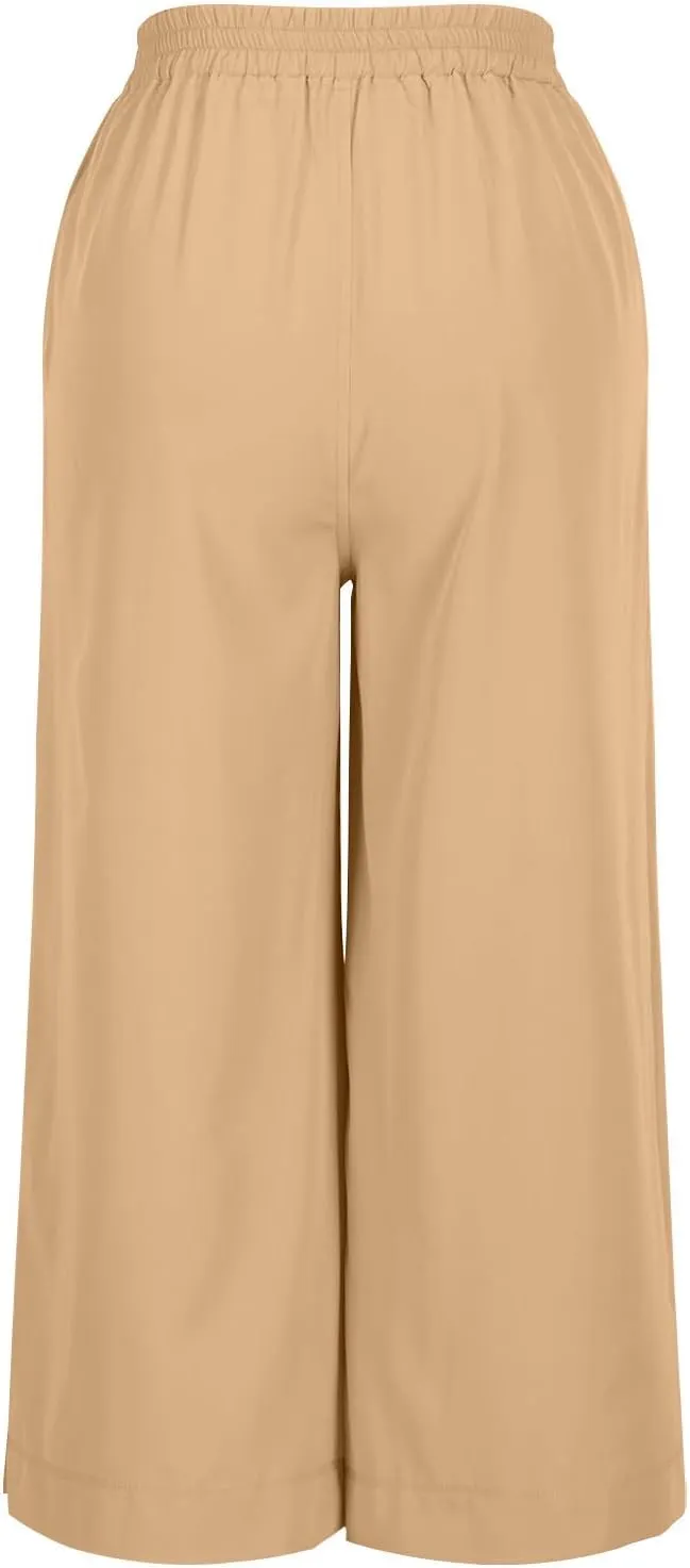 Women's Summer Capris Wide Leg 3/4 Dressy Palazzo Pants Loose Casual Ankle-Length Lounge Trousers with Split