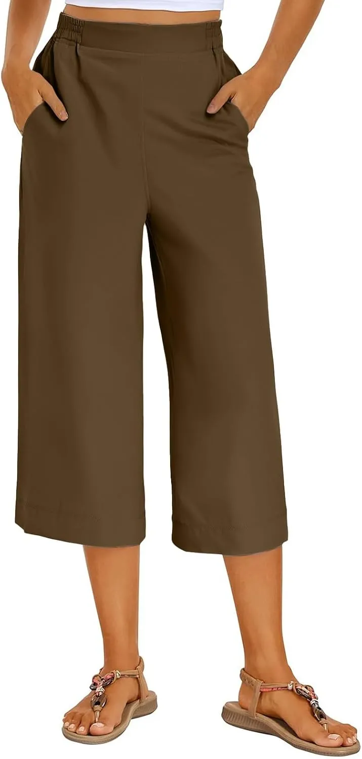 Women's Summer Capris Wide Leg 3/4 Dressy Palazzo Pants Loose Casual Ankle-Length Lounge Trousers with Split