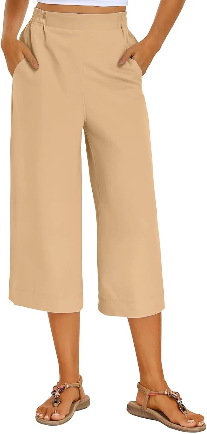 Women's Summer Capris Wide Leg 3/4 Dressy Palazzo Pants Loose Casual Ankle-Length Lounge Trousers with Split