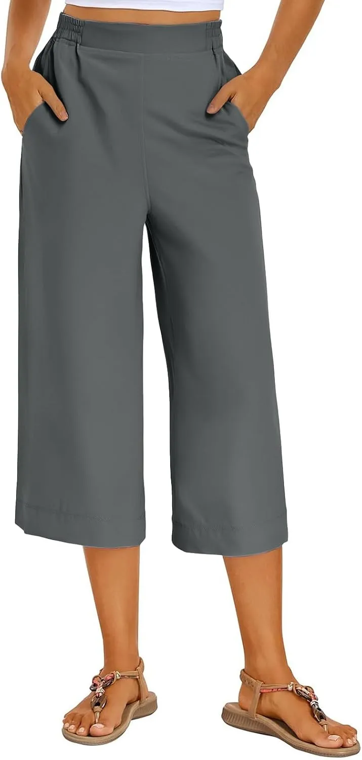 Women's Summer Capris Wide Leg 3/4 Dressy Palazzo Pants Loose Casual Ankle-Length Lounge Trousers with Split