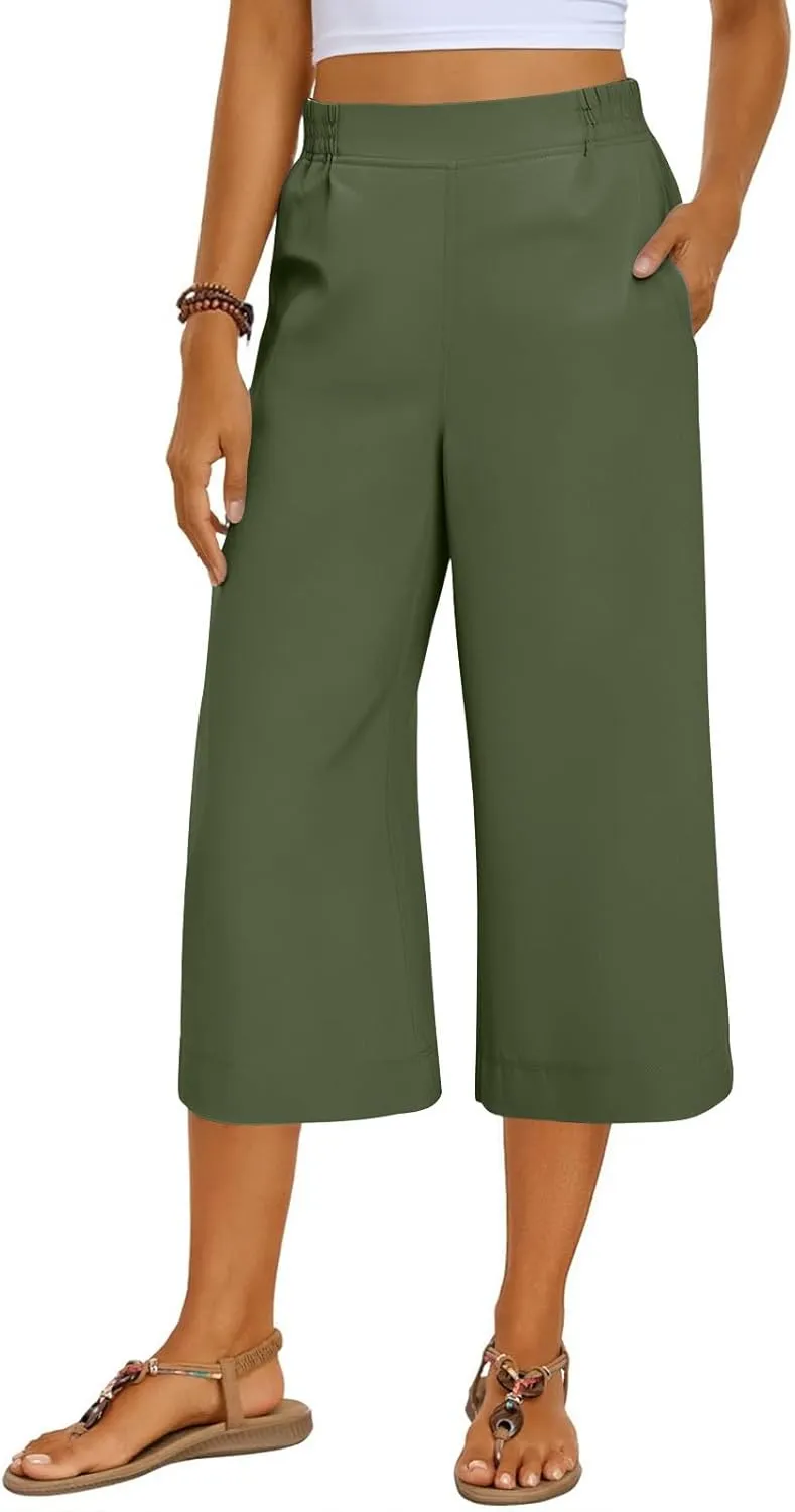Women's Summer Capris Wide Leg 3/4 Dressy Palazzo Pants Loose Casual Ankle-Length Lounge Trousers with Split