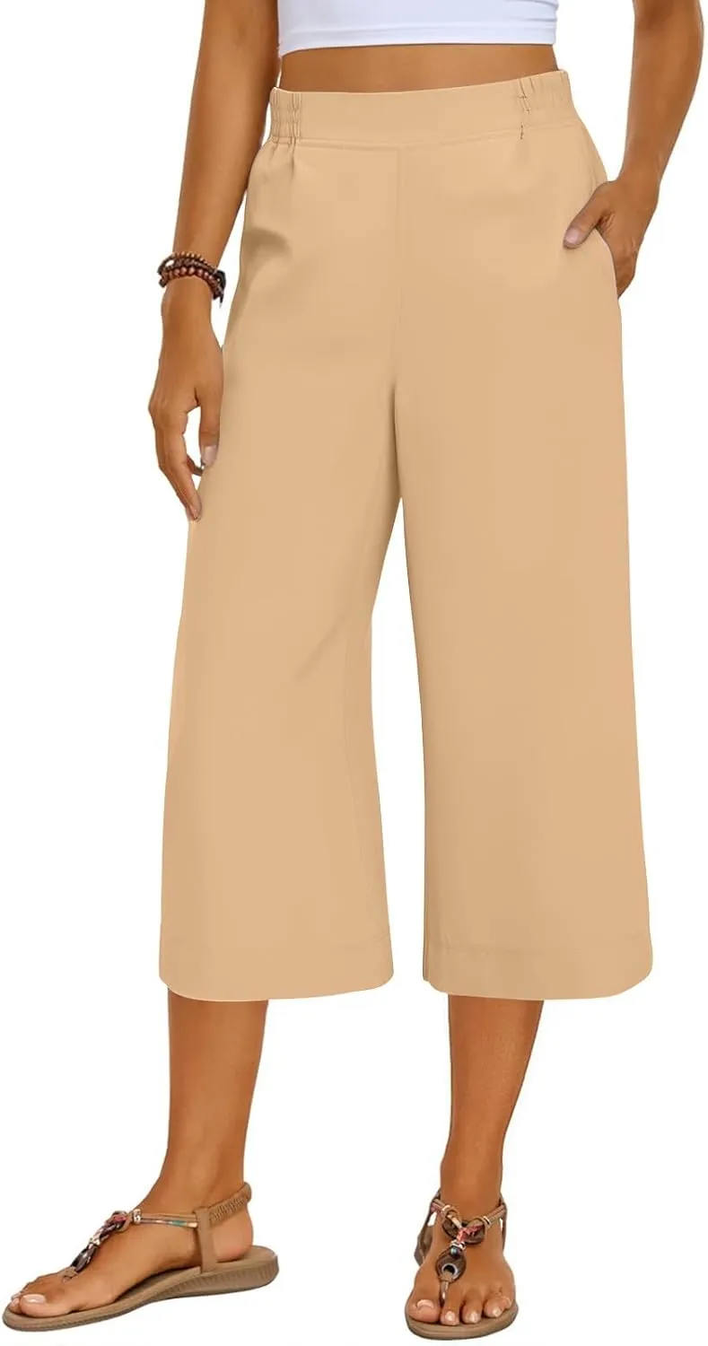 Women's Summer Capris Wide Leg 3/4 Dressy Palazzo Pants Loose Casual Ankle-Length Lounge Trousers with Split