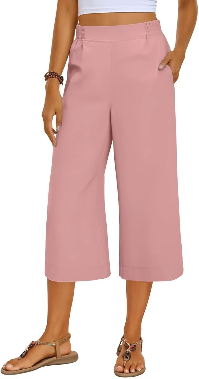 Women's Summer Capris Wide Leg 3/4 Dressy Palazzo Pants Loose Casual Ankle-Length Lounge Trousers with Split