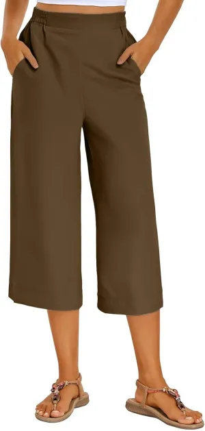 Women's Summer Capris Wide Leg 3/4 Dressy Palazzo Pants Loose Casual Ankle-Length Lounge Trousers with Split