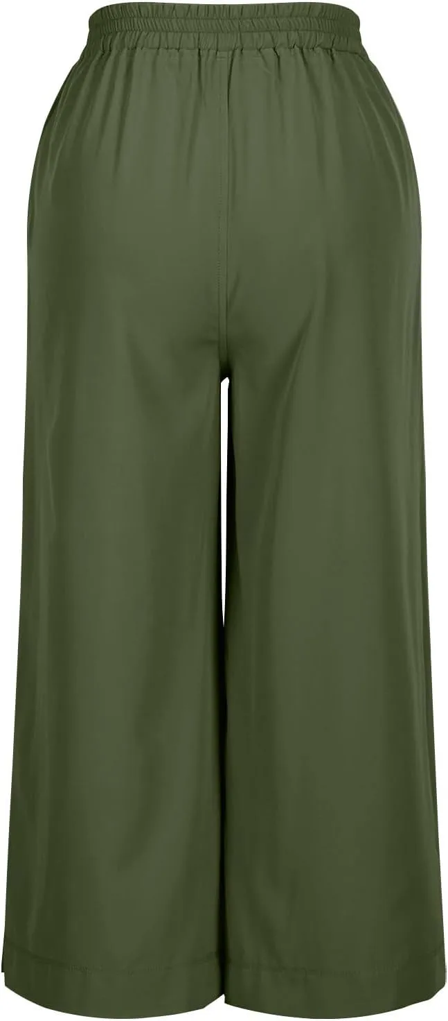 Women's Summer Capris Wide Leg 3/4 Dressy Palazzo Pants Loose Casual Ankle-Length Lounge Trousers with Split