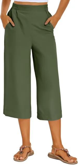 Women's Summer Capris Wide Leg 3/4 Dressy Palazzo Pants Loose Casual Ankle-Length Lounge Trousers with Split