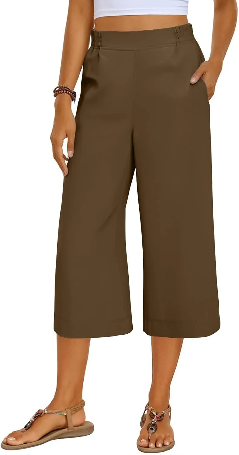 Women's Summer Capris Wide Leg 3/4 Dressy Palazzo Pants Loose Casual Ankle-Length Lounge Trousers with Split
