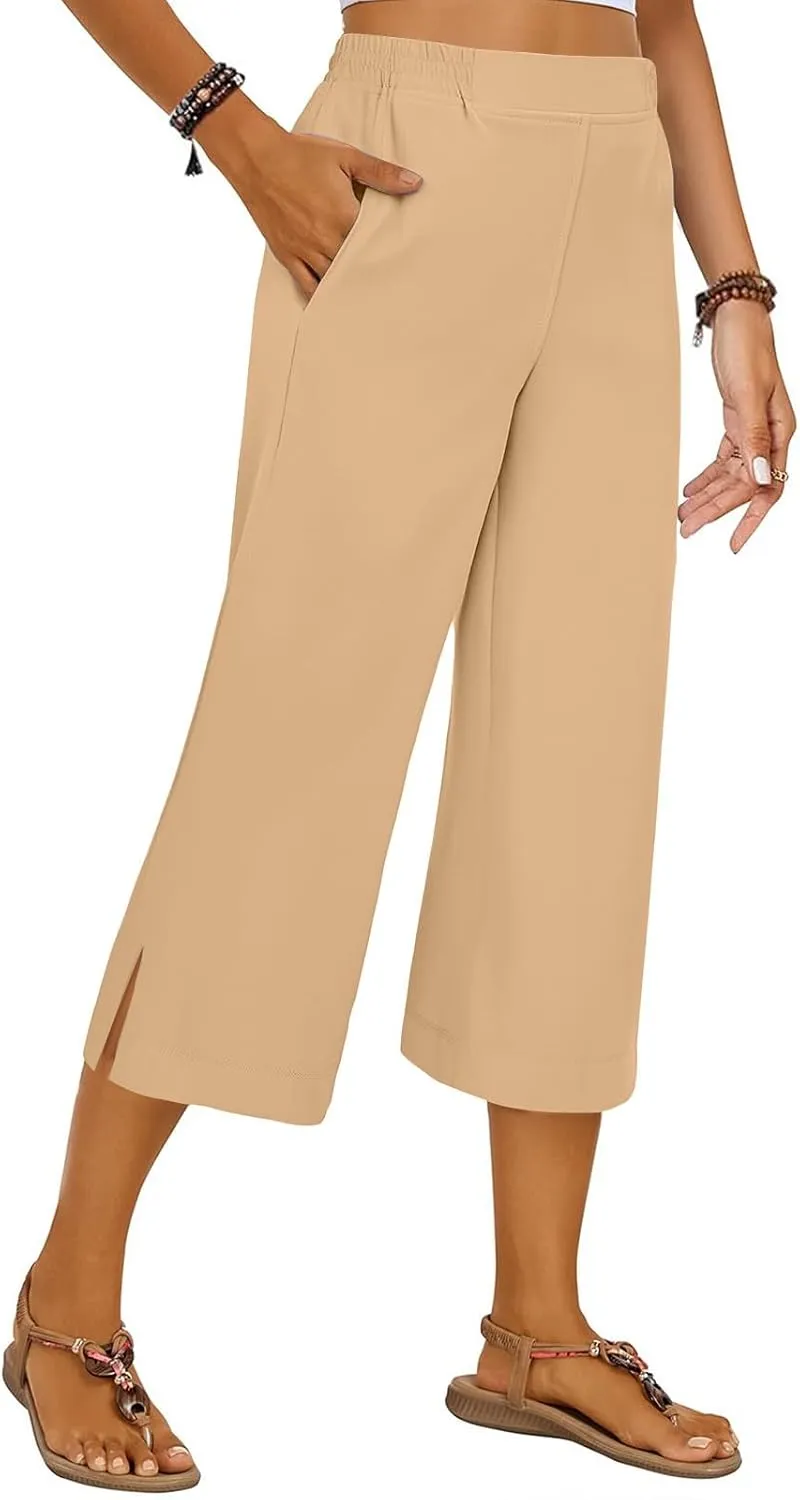 Women's Summer Capris Wide Leg 3/4 Dressy Palazzo Pants Loose Casual Ankle-Length Lounge Trousers with Split