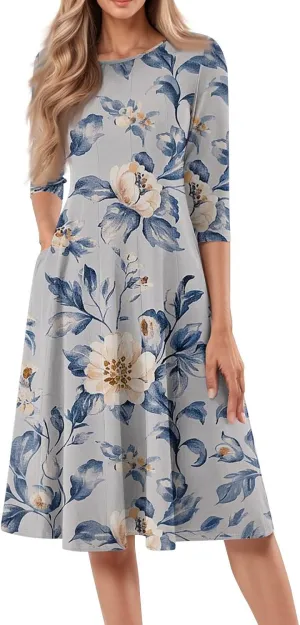 Women's Summer Casual Loose Trendy Crew Neck 3/4 Sleeve Floral Print Midi Boho Dresses 2025 Plus Size, S-3XL