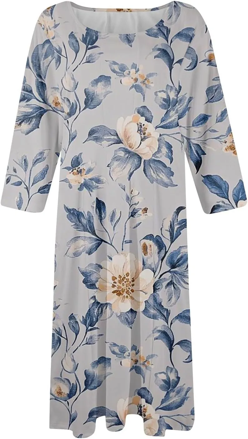 Women's Summer Casual Loose Trendy Crew Neck 3/4 Sleeve Floral Print Midi Boho Dresses 2025 Plus Size, S-3XL